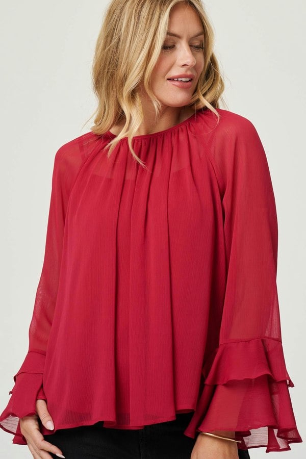 Red | Semi Sheer Long Sleeve Ruffled Blouse
