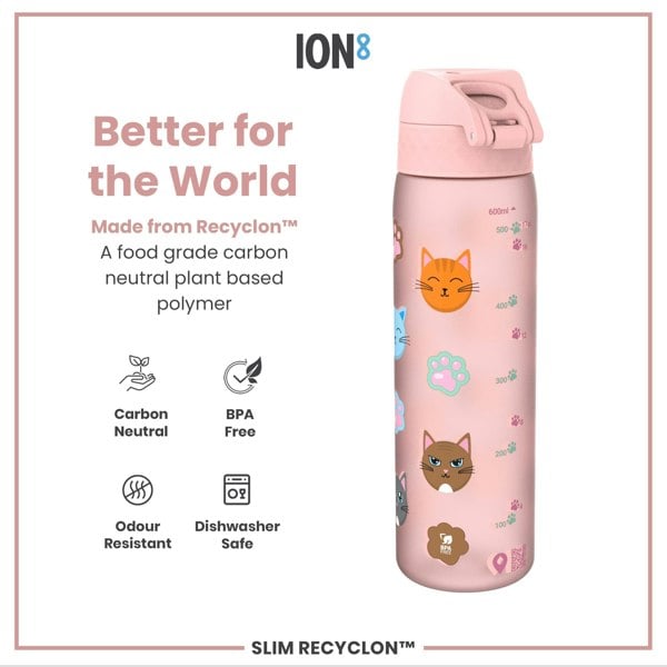 A pink water bottle, adorned with cat faces and paw prints, stands against a white background. It is made from a plant-based polymer, is BPA-free, dishwasher safe, and odour resistant. The text states: "Better for the World," "Made from Recyclon™," "A food grade carbon neutral plant based polymer," "Carbon Neutral," "BPA Free," "Odour Resistant," "Dishwasher Safe," "SLIM RECYCLON™".