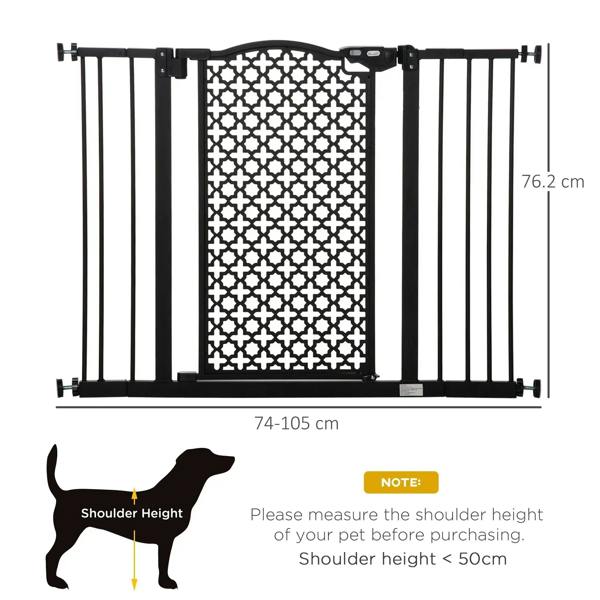 Black pet safety gate with white patterned mesh panel and adjustable width frame