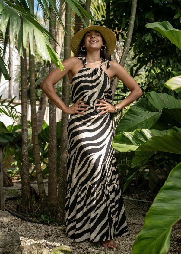 Gini London Mono Zebra Print Tie Shoulder Maxi Dress