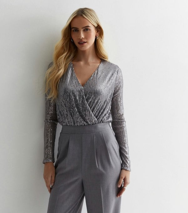 Gini London Gun Metal Sequin Wrap Long Sleeves Bodysuit
