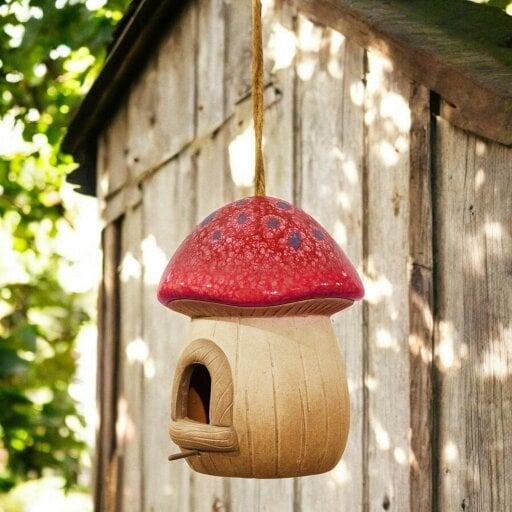 EDH Door Hardware Hand painted Red Terracotta Mushroom Bird House - Garden Décor, Fairy Cottage Style, Outdoor Hanging Birdhouse