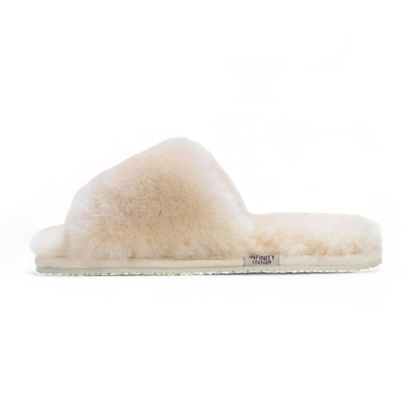 Infinity Leather Women's Sheepskin Slippers Beige Warm Winter Fur Sliders - Nordic