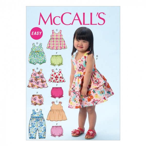 McCalls 6944 Paper Sewing Pattern – Baby & Kids' Dress, Jumpsuit & Top, Size Ages 6m-4, Beginner, Easy