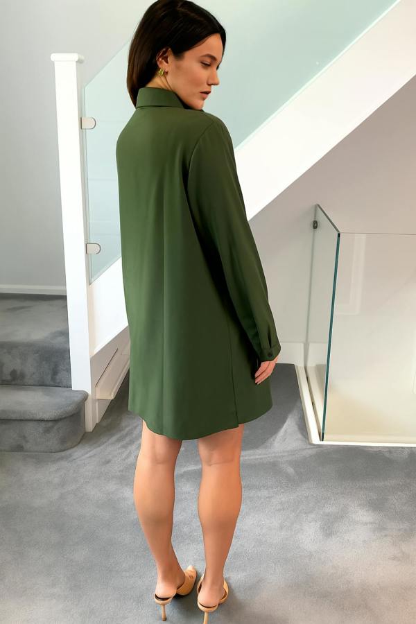 Hoxton Gal Oversized Belt Detailed Tunic Shirt Dress with Long Sleeves in Khaki
