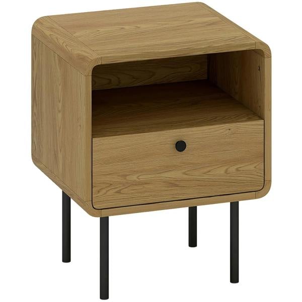 Oak bedside table with drawer and open shelf, light wood finish, black legs