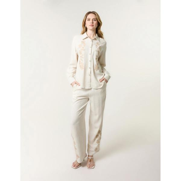 Blue Vanilla Linen Flower Embroidery Blouse