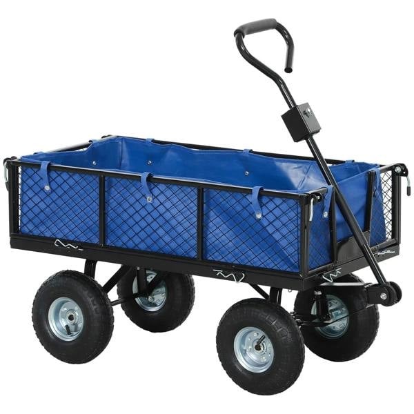 Blue steel frame garden cart with blue mesh sides, long handle, and four large wheels
