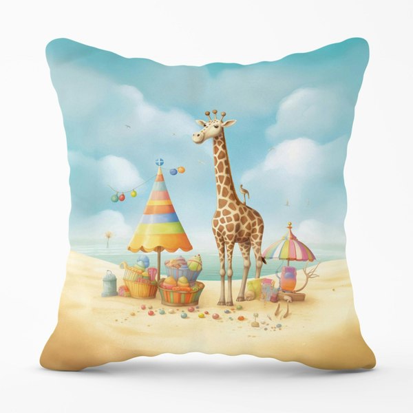 Warren Reed Giraffe On A Beach Holiday Cushions