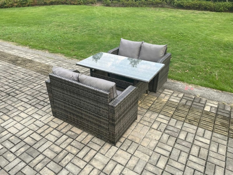 Fimous Patio Rattan Garden Furniture Set with Oblong Rectangular Dining Table 4 Seater Outdoor Loveseat Sofa Set Dark Grey Mixed