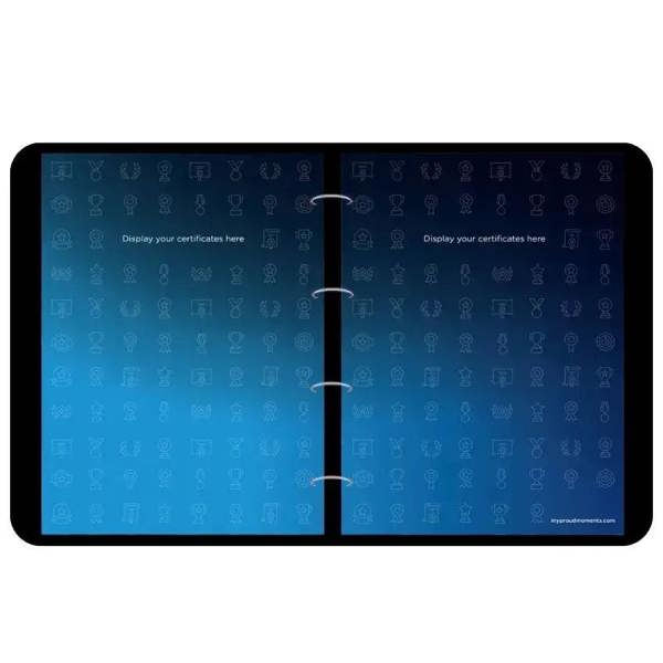 Blue gradient proud moments certificate binder with trophy icons and padded carry handle
