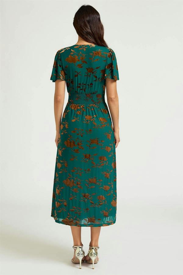 FS Collection Velvet Flock Short Sleeve Midi Dress In Jade Green