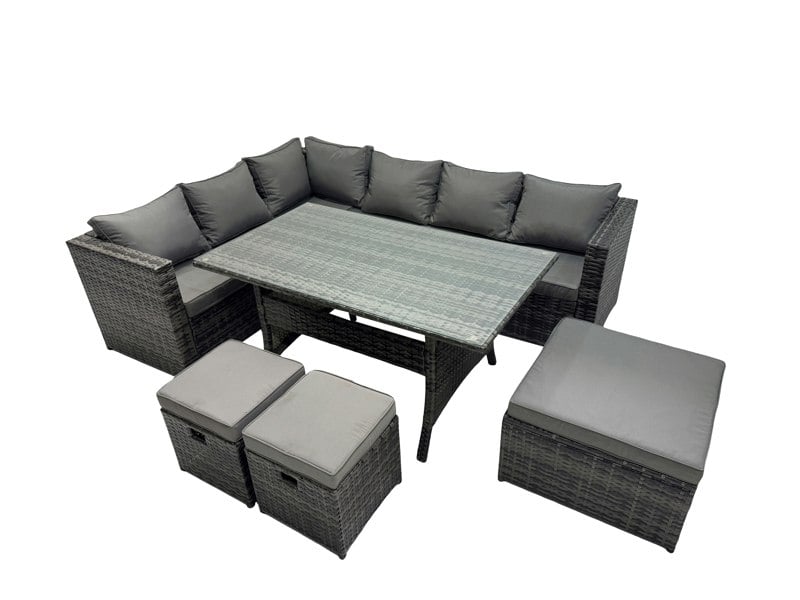 Fimous Outdoor PE Rattan Sofa Set with Dining Table Patio Garden Furniture Sets with 3 Stools Dark Grey Mixed
