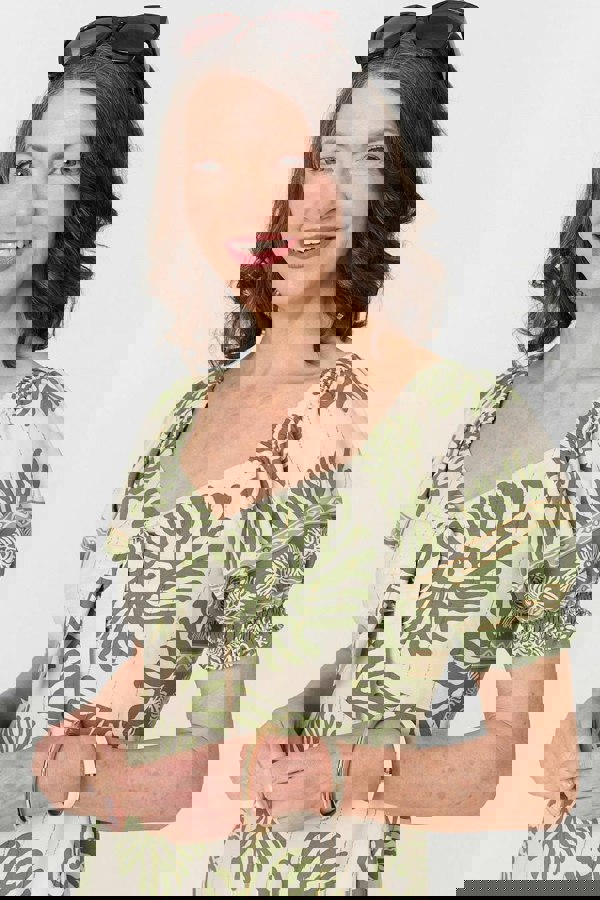 Khaki | Printed Tie Front A-Line Midi Dress
