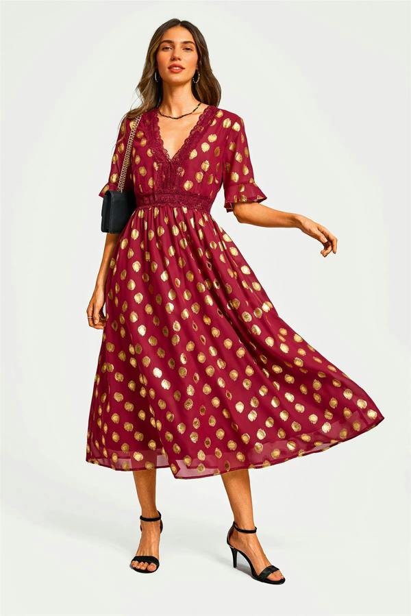 FS Collection Gold Foil Long Sleeve Lace Trim V Neck Maxi Dress In Wine