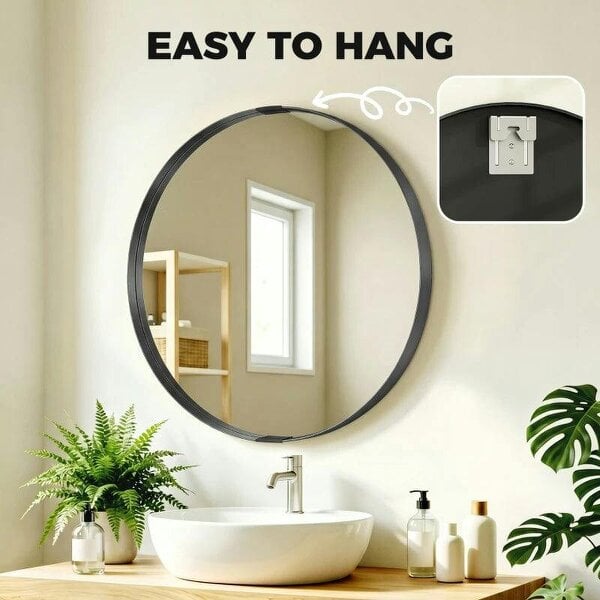 Round Wall Mirror 61 cm, Wall Mounted Bathroom Mirror with Tempered Safety Glass and Aluminium Alloy Frame, Black