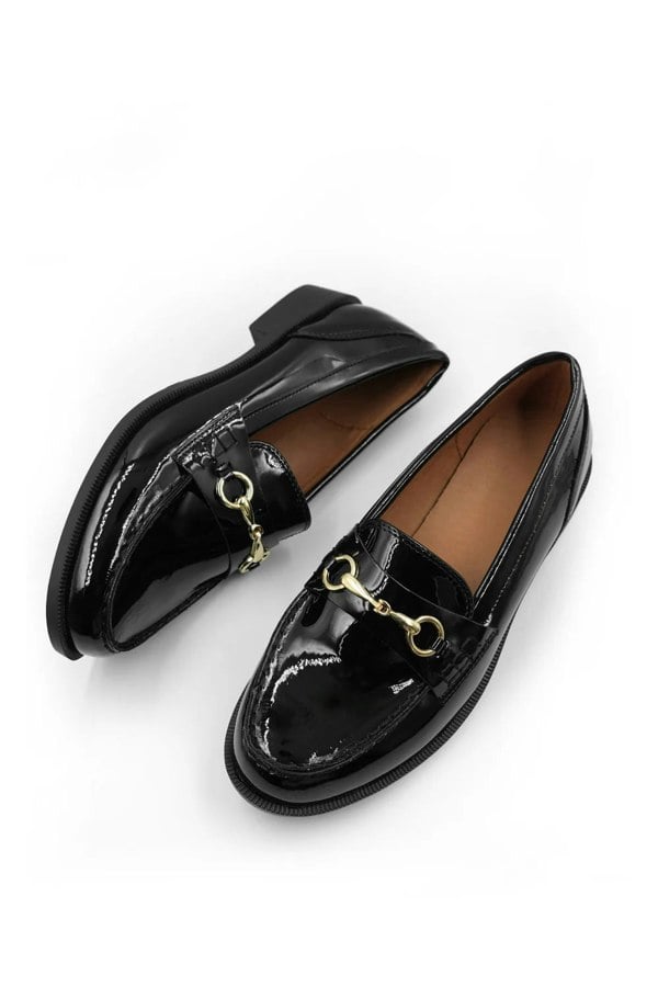 Where's That From Cielo Extra Wide Fit Round Toe Single Metal Bar Loafers in Black Patent