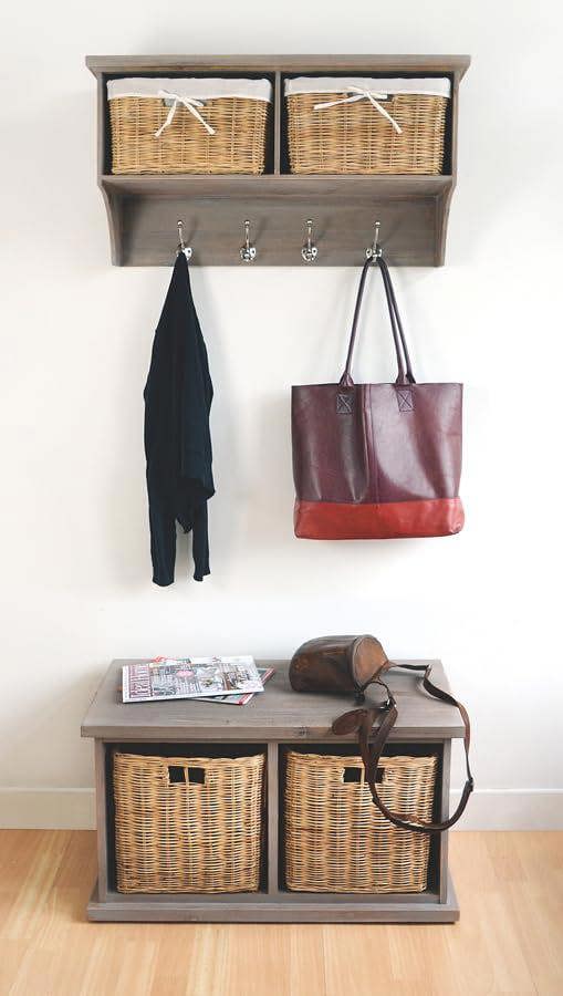 Statement Furniture Tetbury Acacia Wood Hanging Shelf with Coat Hooks and Storage Baskets
