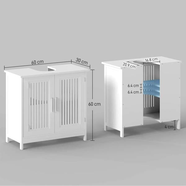 White under sink cabinet with two doors, pedestal legs, and open interior space