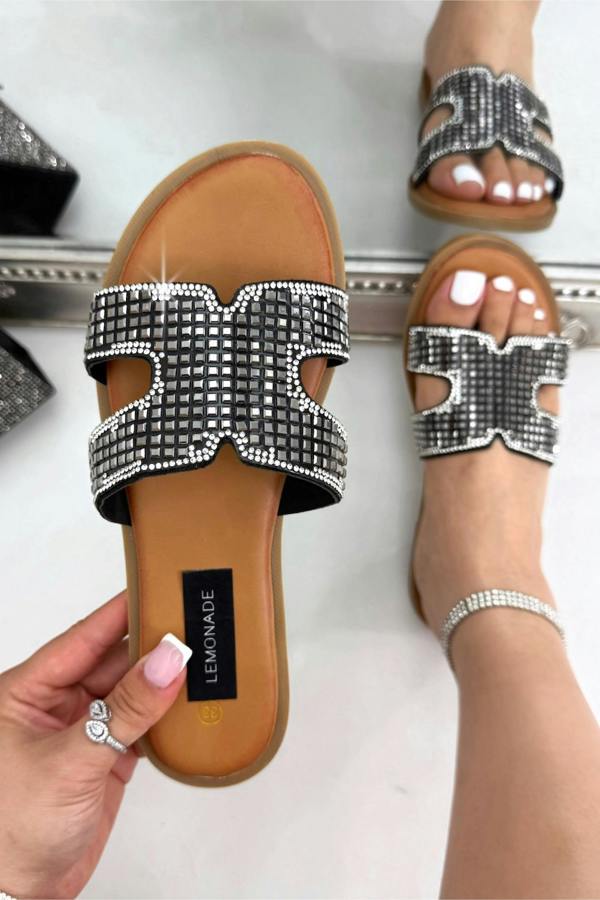 Sparkle Glow Halo Cut-Out Sliders Black, bringing attention to stylish cut-out strap design for a modern, elevated look