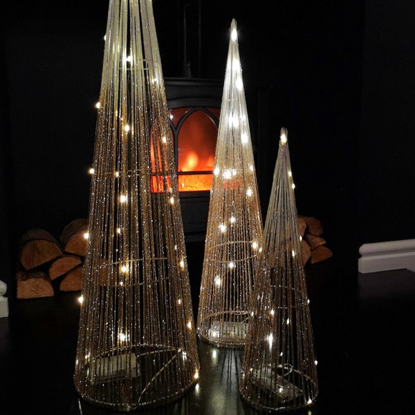 Samuel Alexander LED Tree Cone Obelisk Trio with 90 LEDs in Gold