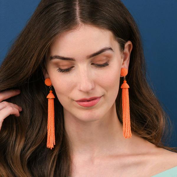Zavana Long Bright Orange Beaded Tassel Earrings for Women