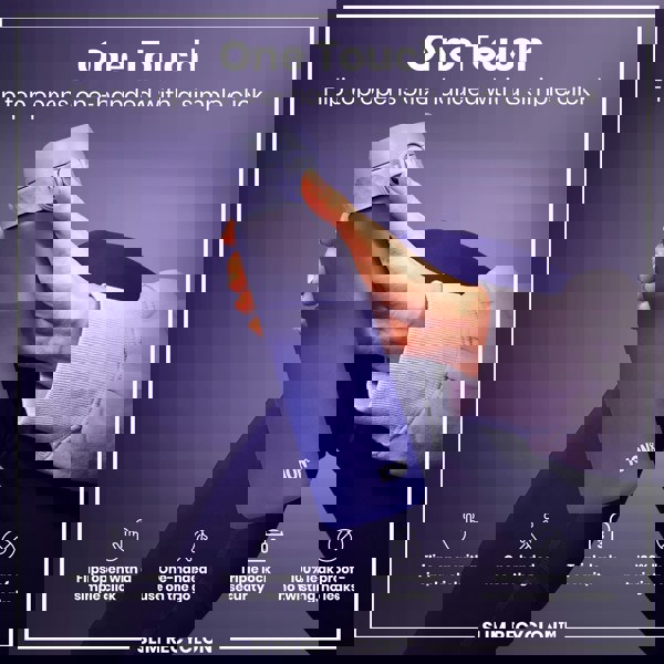 A purple water bottle is held; its flip top opens one-handed. The context is a promotional image highlighting its features: "One Touch," "Flips open with a simple click," "One-handed use on the go," "Triple lock security," "100% leak proof - no twisting, no leaks," and "SLIM RECYCLON™".