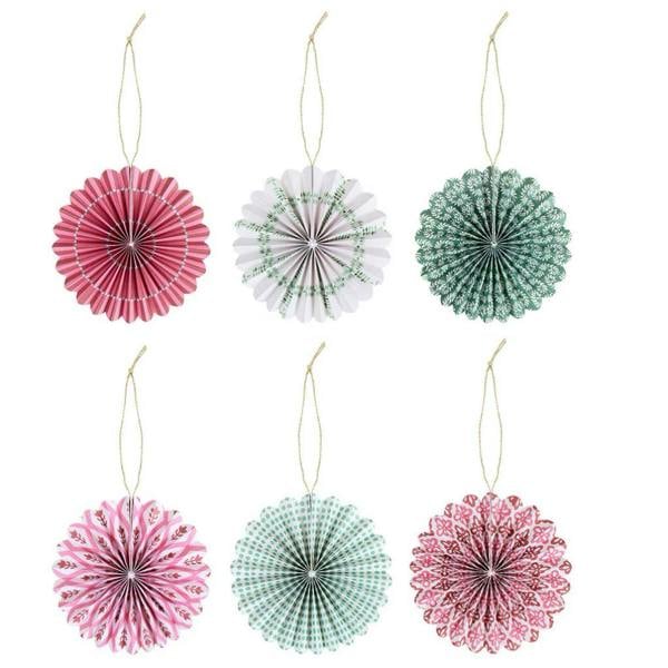 Set of six colourful paper pinwheel ornaments with gold hanging threads included inside the Patterned Velvet Ribbon Christmas Crackers.