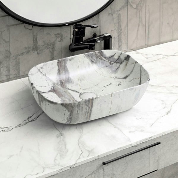 Limoge 7840 Ceramic Oblong Countertop Basin in White Marble Effect
