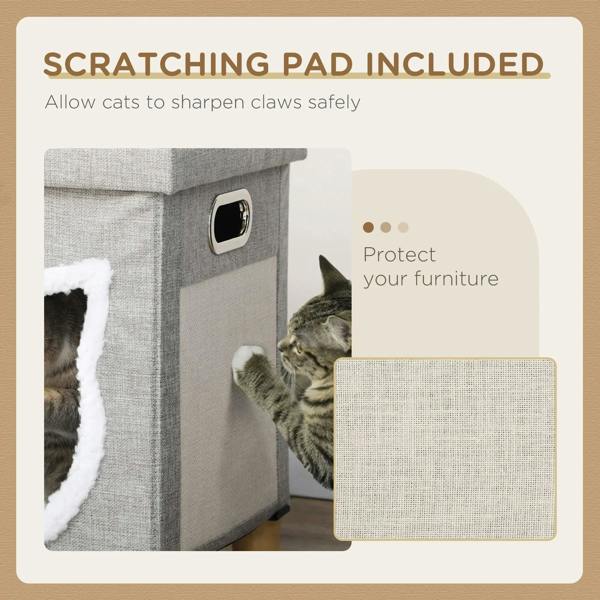 Grey cat cube bed with scratching pad panel and hanging ball near the tunnel door