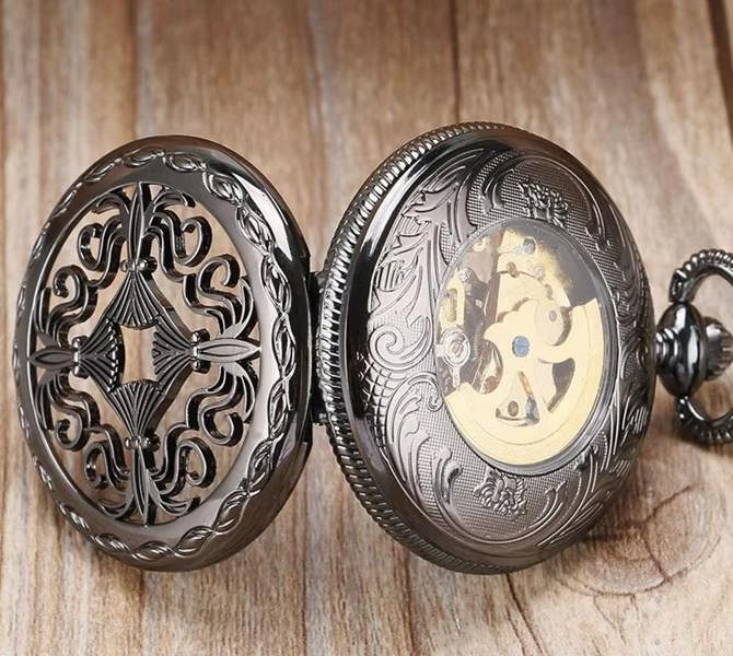 Infinity Leather Antique Brass Alloy Skeleton Half Hunter Pocket Watch