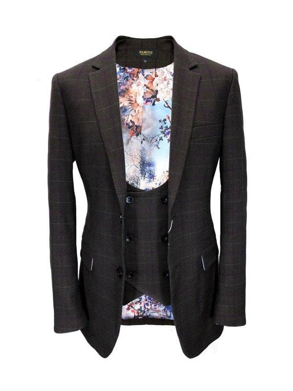Brown Burgundy Check Tweed Blazer With Matching Waistcoat - Pamoni