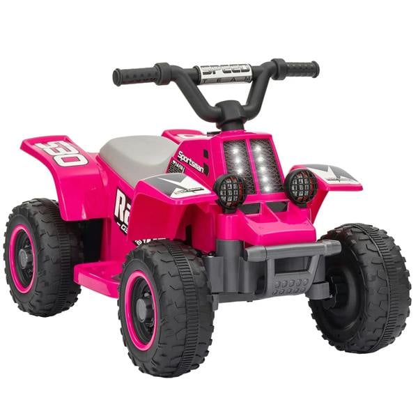 Pink kids electric quad bike with black wheels, seat, and front LED headlights.