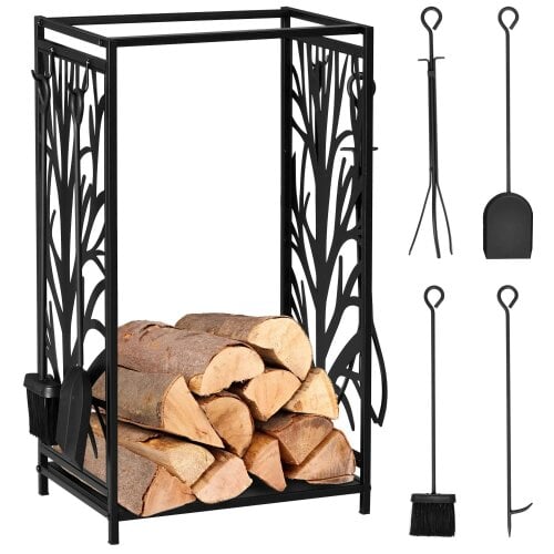 Bobobiy Steel Firewood Log Holder Firewood Rack Fireplace Wood Storage Shelf with 4 Tools, Tree Pattern Design, Black, 46W x 30D x 70H cm