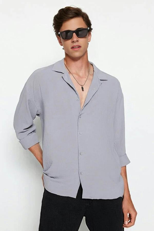 WOVCOR Oversize Fit Open Collar Linen Look Men’s Shirt