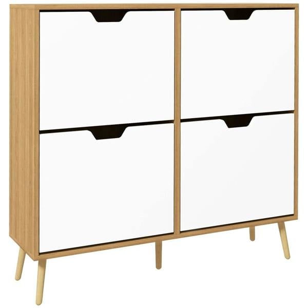 Natural wood shoe storage cabinet with two open flip drawers, white interior