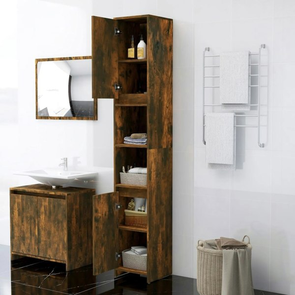 Berkfield Bathroom Cabinet Smoked Oak 30x30x183.5 cm Engineered Wood