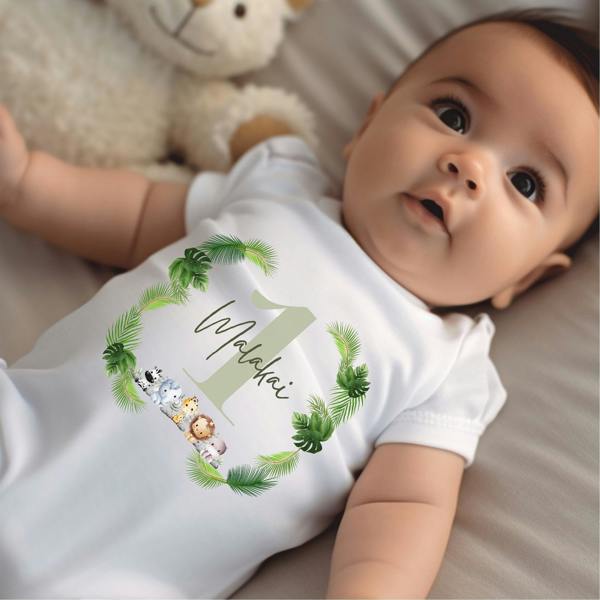 Personalised Green Jungle Animals Baby Grow, Vest or Bib with Name