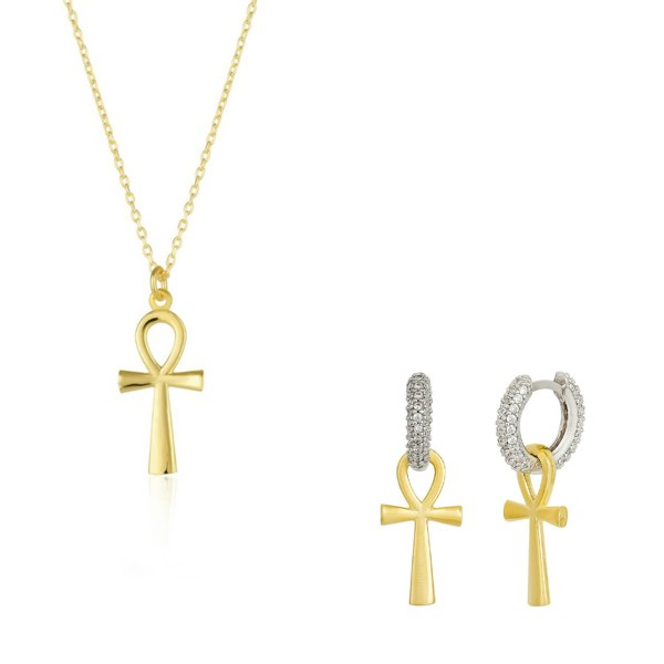 Spero London Sterling Silver Egyptian Ankh Necklace and Earring Set