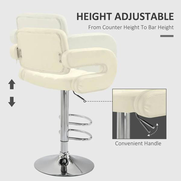 Beige height-adjustable swivel bar stool with handle, padded backrest and armrests