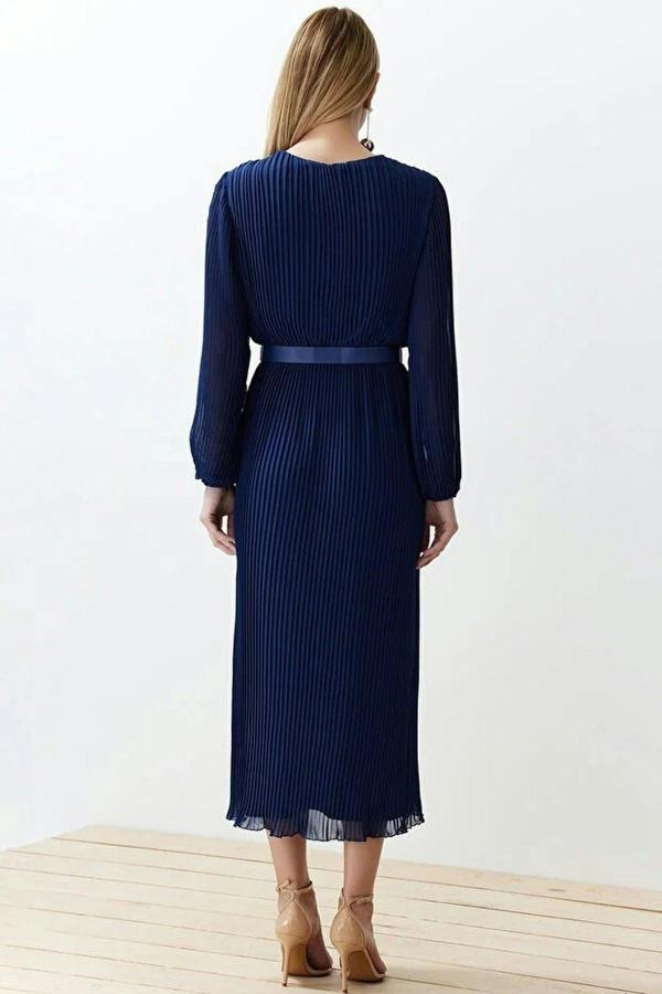 Belted A-Line Pleated Maxi Dress