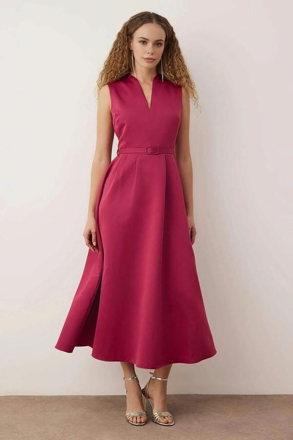 WOVCOR Belted V-Neck Satin Maxi Evening Dress