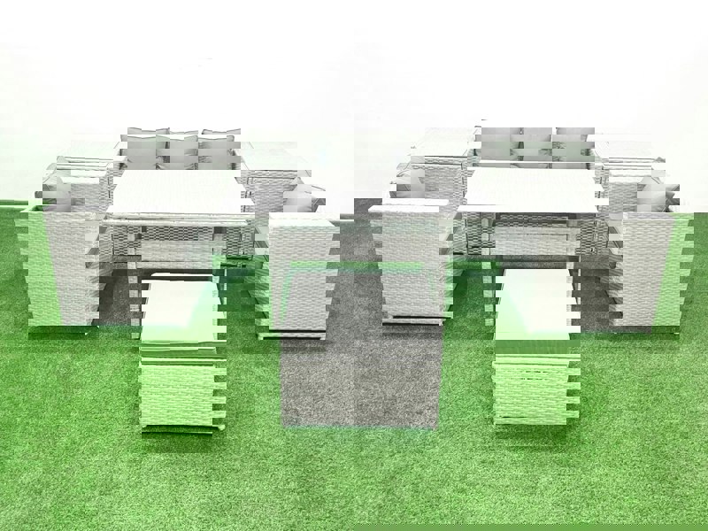 Fimous Garden Dining Set Outdoor Rattan Furniture Set with Sofa Dining Table 2 Chairs Big Footstool 2 Side Tables Light Grey Mixed