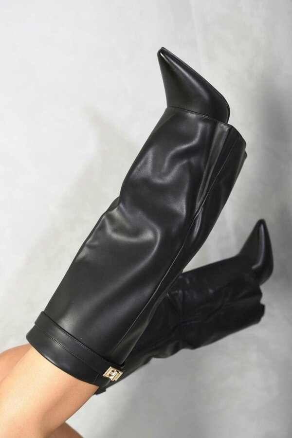 ikrush Myla Skirted Fold Over Buckle Pointed Toe High Boots