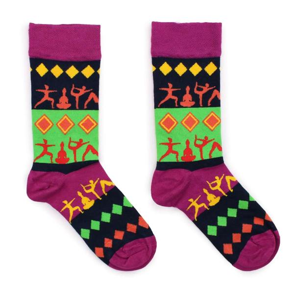 Hop Hare bamboo crew socks, purple with yoga poses and diamond pattern