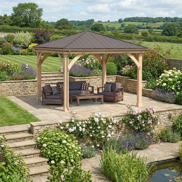 Yardistry Wooden Gazebo 12ft x 12ft (3.7m x 3.7m) with Rain Guttering Meridian Series 3.7m x 3.7m Wooden Gazebo 1