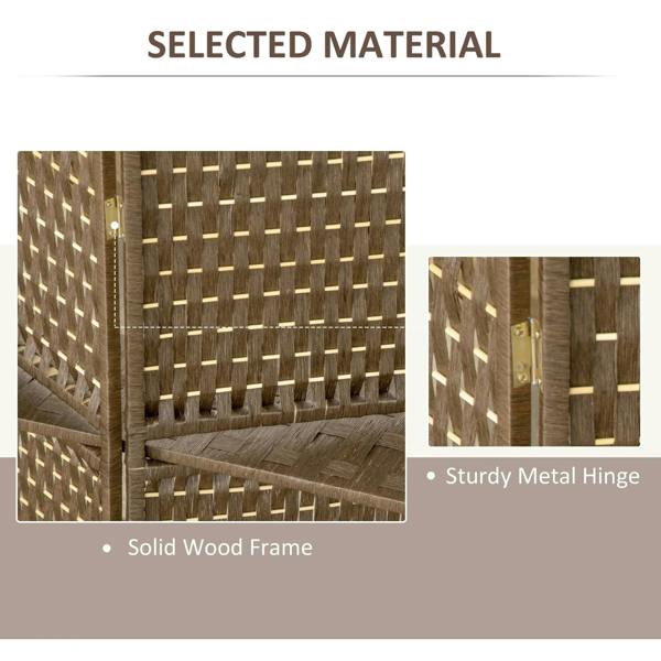 Brown privacy screen divider with woven wave pattern and solid wood frame