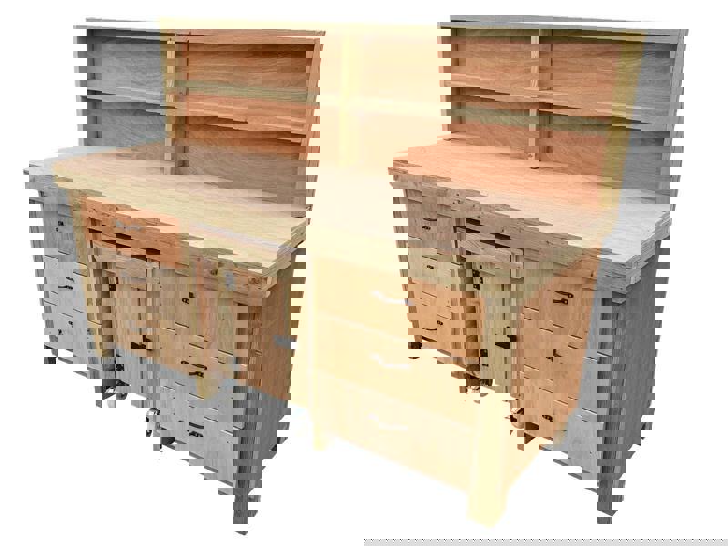 Arbor Garden Solutions Wooden Eucalyptus hardwood top workbench with drawers and functional lockable cupboard (V.5) with back