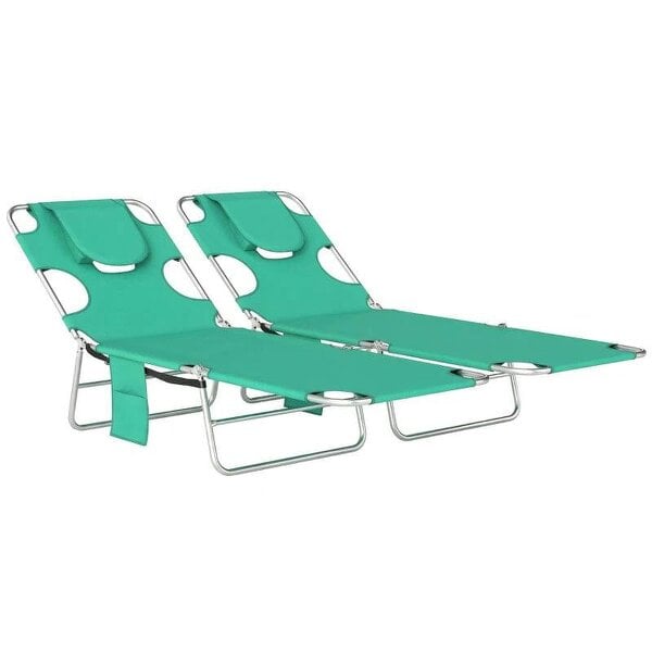 Bobobiy 5-Position Adjustable Sun Loungers Set of 2 with Reading Hole and Side Pocket, Green