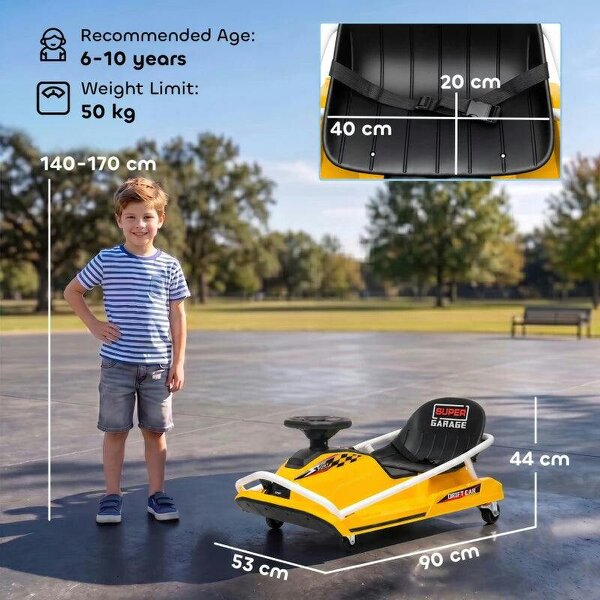 24V Electric Go Kart for Kids with Drift Mode, 300W Brushless Motor, Soft Start and Dual Speed for Ages 6-10, Yellow